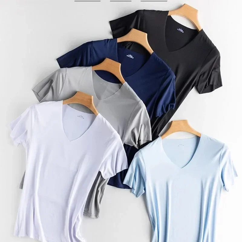 

Men's Ice Silk Thin Cool Feeling V-Neck Large Size Men T-Shirt Short Sleeve Loose T-Shirt Solid Color for Male Tops Tees