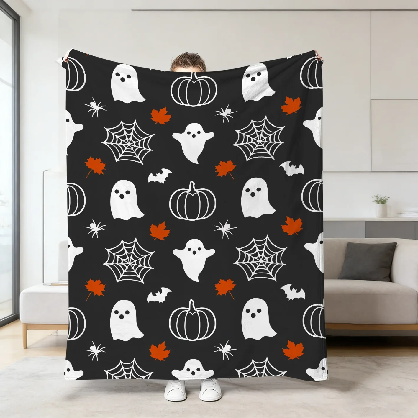 Orange Background Halloween Elements Cartoon Fleece Blanket For Spooky Season Decor Lightweight Plush Throw Blanket Wrap