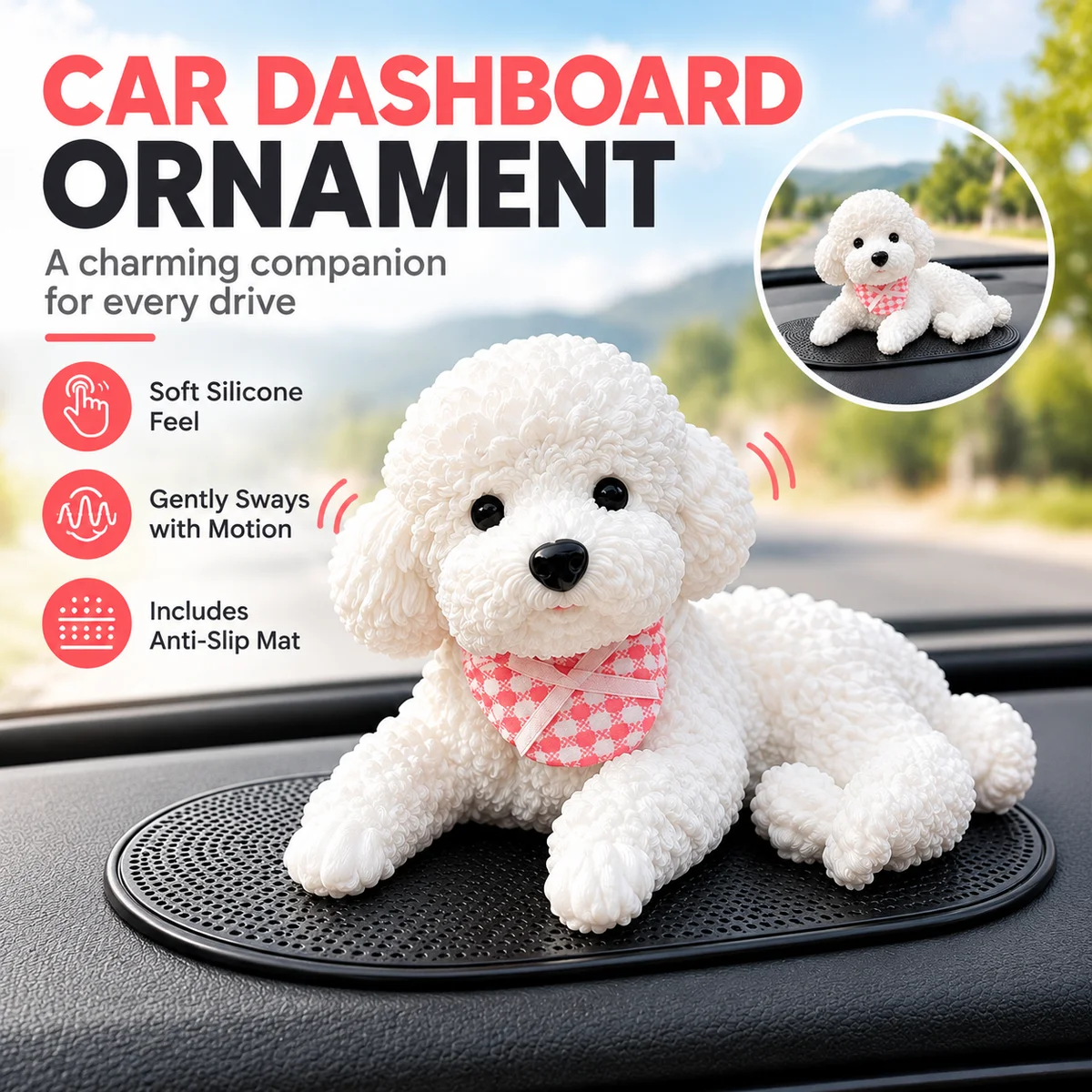 Car Dashboard Ornament Teddy Dog Statue Cute Puppy Model Solid Ornament with Anti Slip Mat  Car Interior Home Desktop Decor Gift