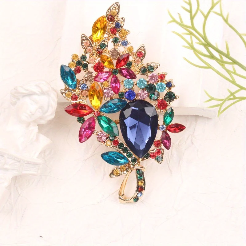 Vibrant Multicolor Bouquet Brooch, Crystal & Gold Whimsical Opulent Fashion Accessory