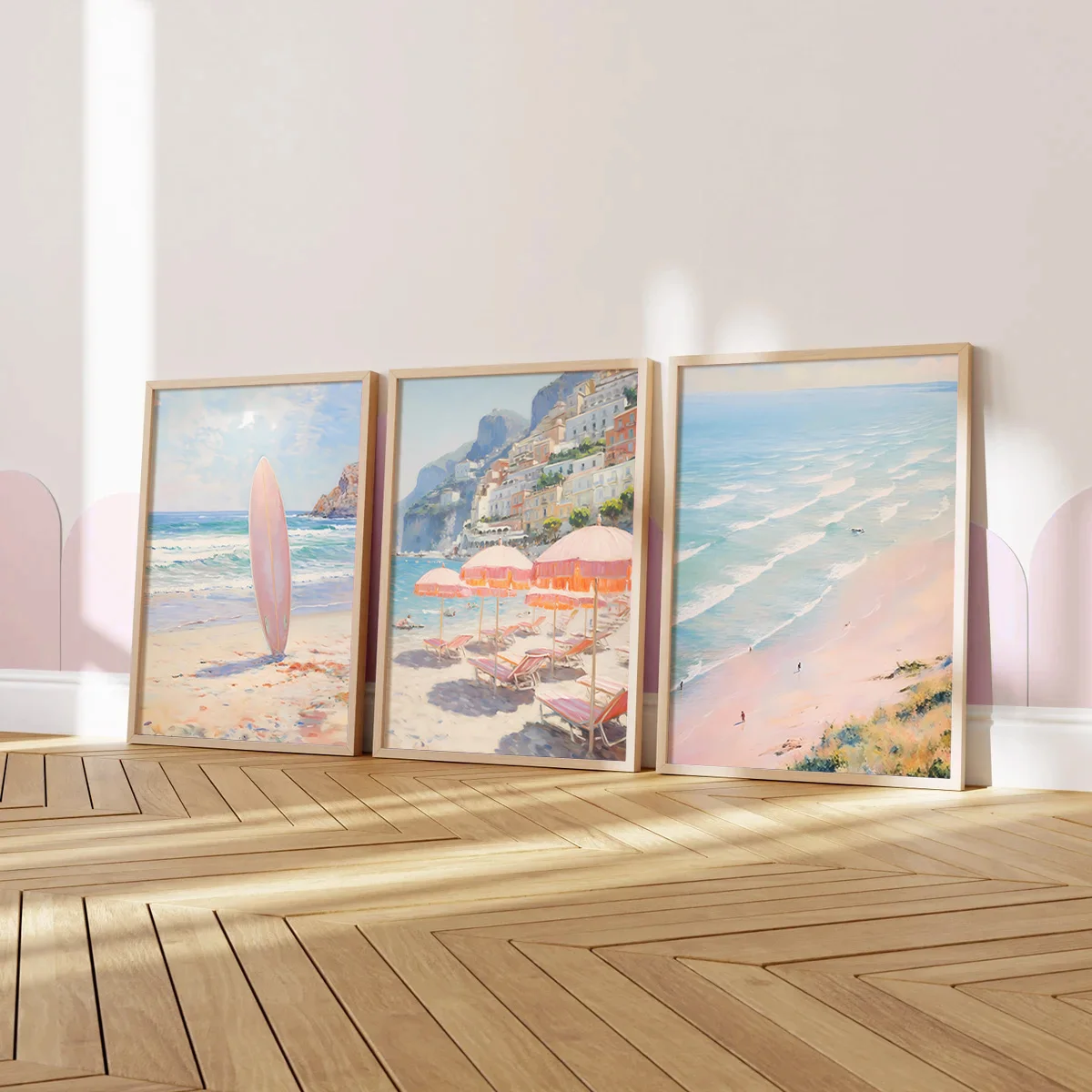 

3pcs/Set Pink Surfboard Beach Painting Set, Retro Aesthetic Canvas Poster Coastal Landscape Interior Decoration Girls' Apartment