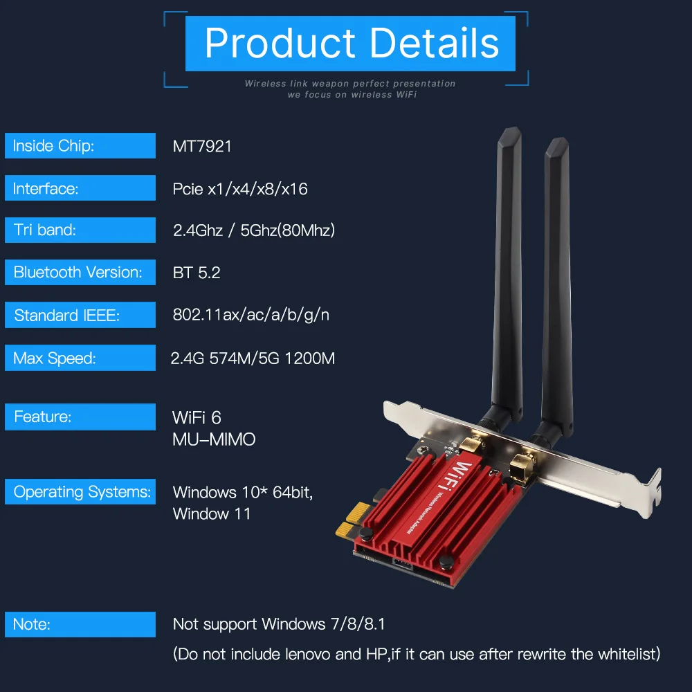 Wifi 6 pcie ax1800 cartão sem fio banda dupla 5ghz/2.4ghz bluetooth 5.2 antenas externas adaptador mt7921 para desktop pc win 10/11
