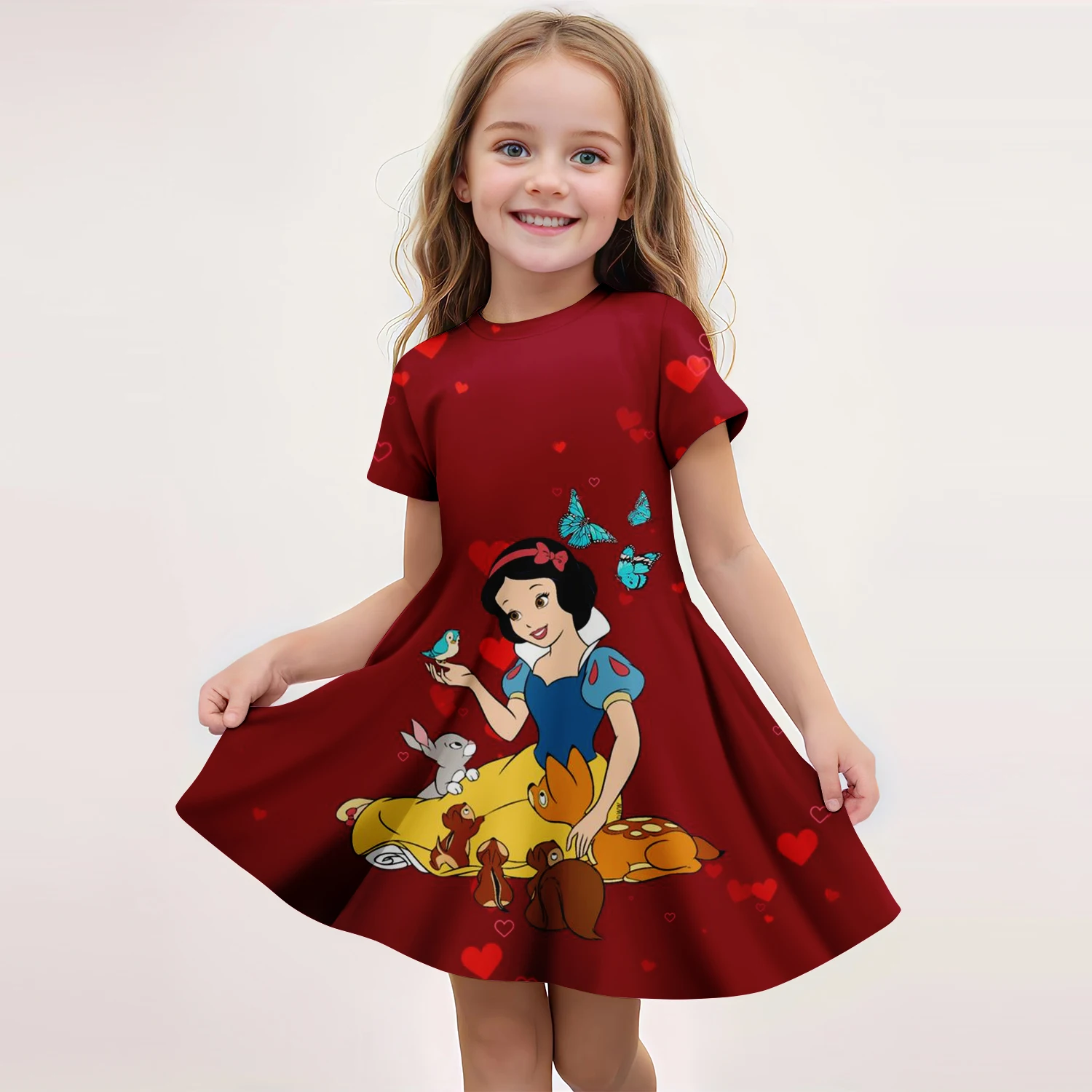 Disney Summer Hot Selling Snow White Short sleeved Skirt Girl 3D Printed Cartoon Print Pattern Short sleeved Princess Skirt 4-14