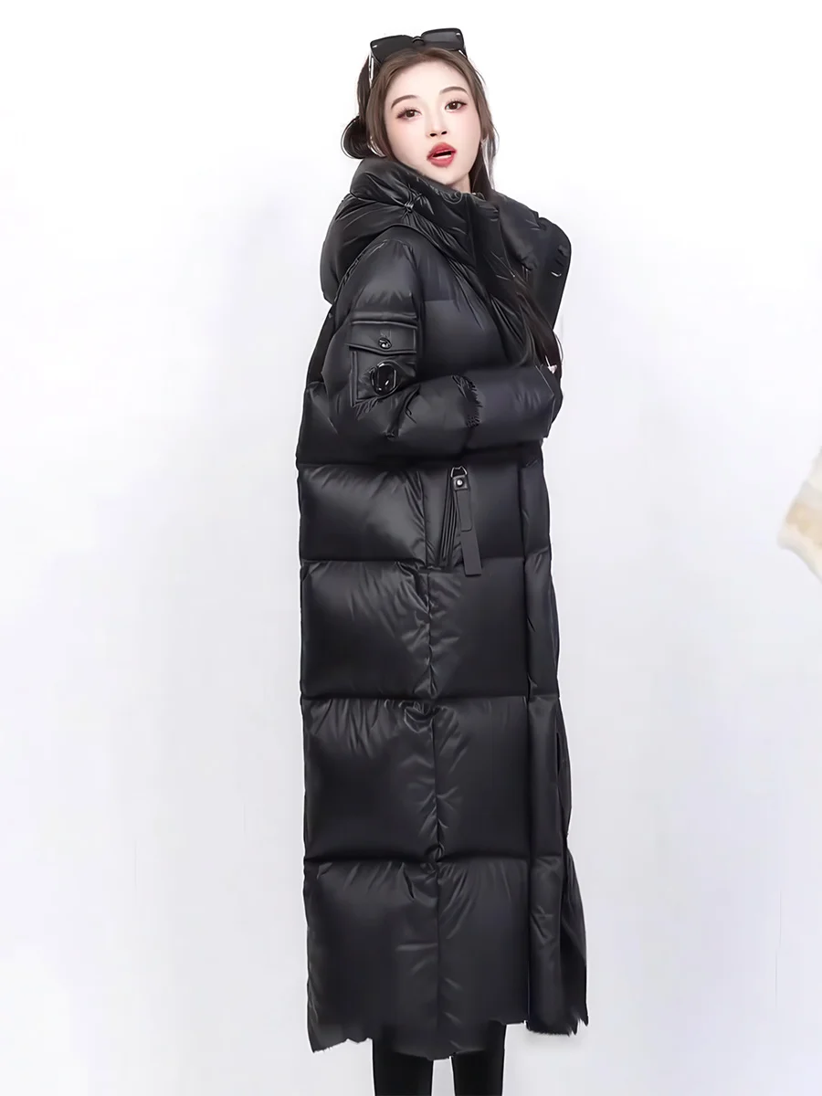 Bla Hooded Mid-Length Women's down Jaet 2025 Winter New Faion Thi Warm White Du Feather Coat Long Sve Zipper