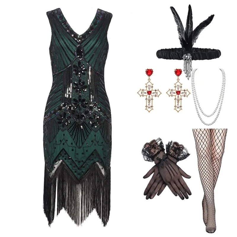 1920s Vintage Flapper Girls Gatsby Party Dress For Women Fiveshell Sleeveless Sequin Tassels Dresses With Necklace Accessories