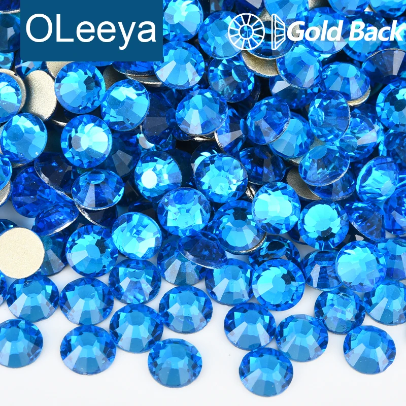 OLeeya Non Hotfix Rhinestones Capri Blue Glass Flatback Crystals Gold Back SS4-SS30 Strass Glue On for Nail Art DIY Crafts
