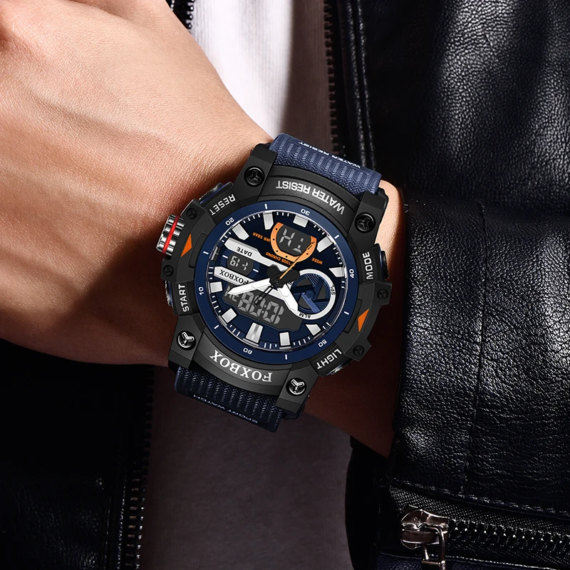 فوكس بوكس المزدوج الوقت الضوء الخلفي عرض الساعات الرياضية رجالي ساعات كوارتز بولي Strap حزام مقاوم للماء ساعة اليد ساعة Reloj Hombre + صندوق