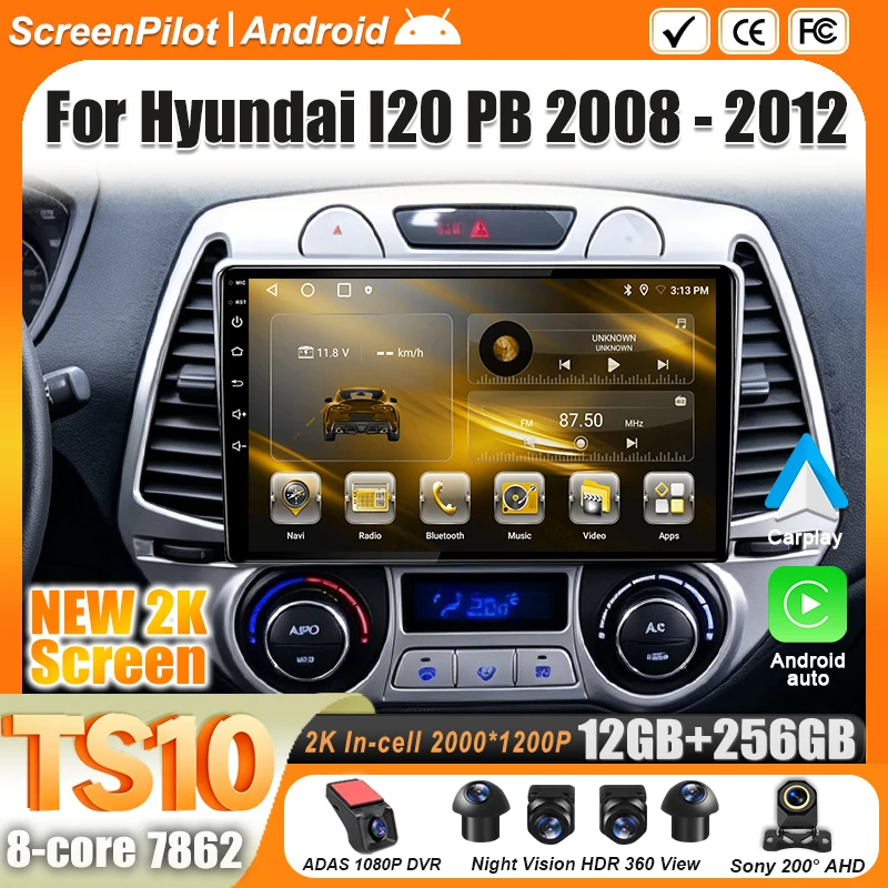 Android 16 For Hyundai I20 PB 2008-2012 Car Radio Stereo Head Unit Multimedia Video Player GPS Navigation 2K QLED 9 Inch 5G RDS