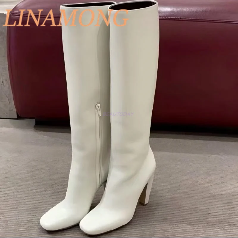 

Square Toe Thick Heel Knee High Boots Fashionable Simple Design Side Zipper Design Straight Tube Slimming Long Tube Boots