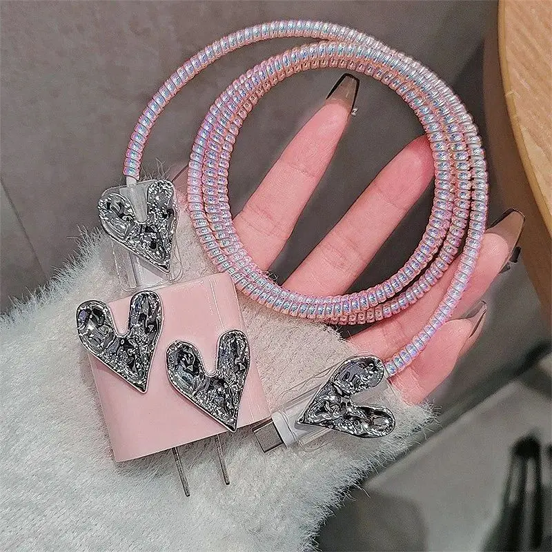 Cute Pink Heart Charger Protector Case 18W 20W Charger Head Cover Line Spiral Winder for iPhone 16 15 14 13 12 Pro Max