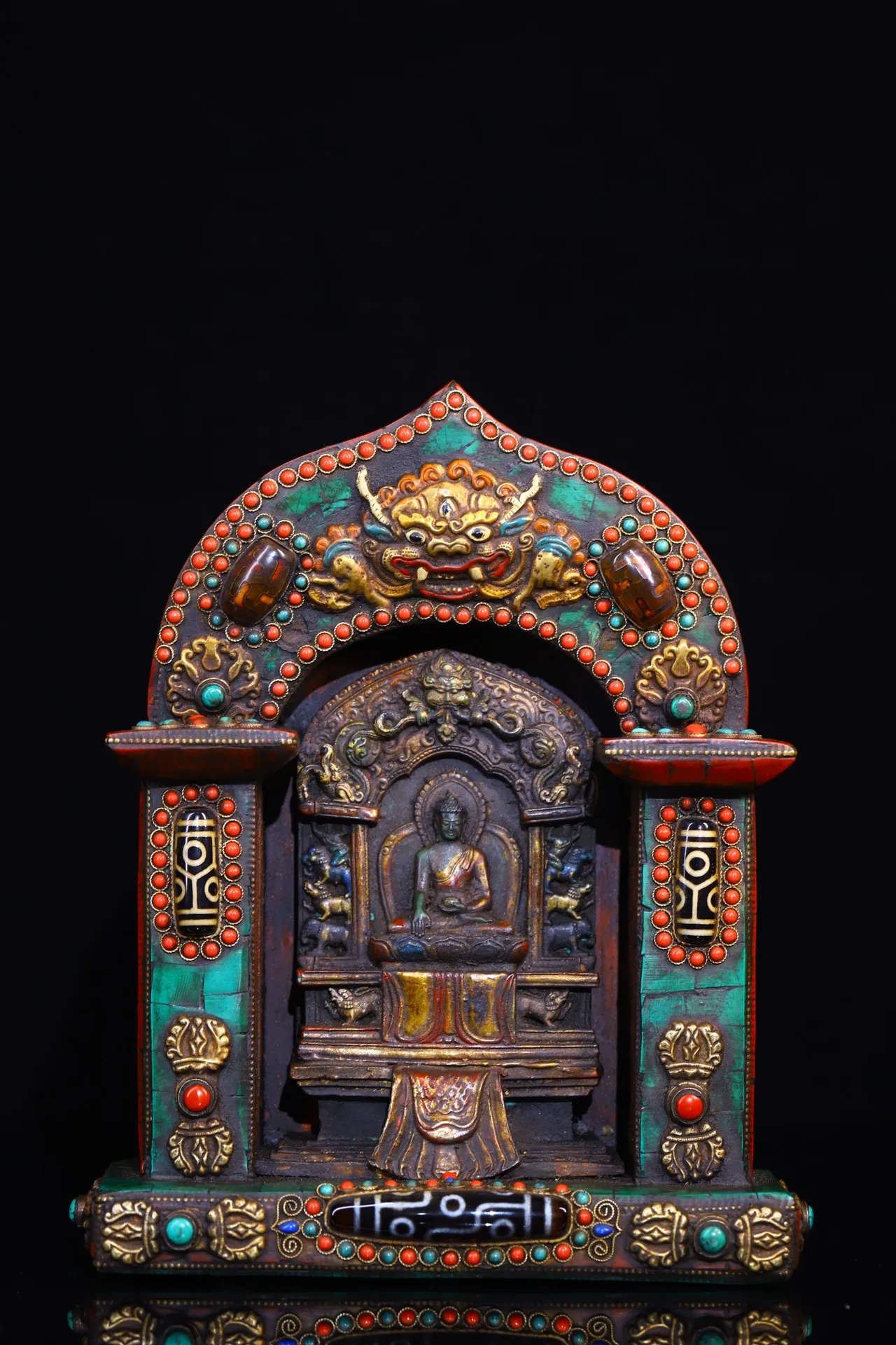 

9"Tibetan Temple Collection Old Bronze Painted Mosaic Gem gZi Beads Turquoise Sakyamuni Buddha Buddhist Niche Worship Hall