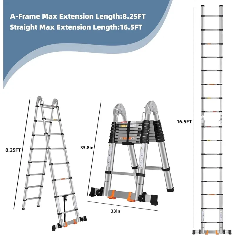 Telcoping Ladder . FT Stainls Steel, lbs Capacity With Balance Bar and Movle Wheels, Multi-Purpose Collapsible