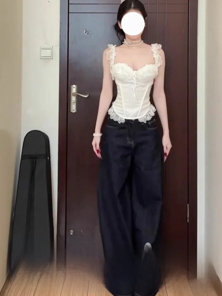 

Женские джинсы с высокой талией и широкими штанинами, свободные, в пол, повседневные, темно-синие, винтажные, осенне-зимние, новинка