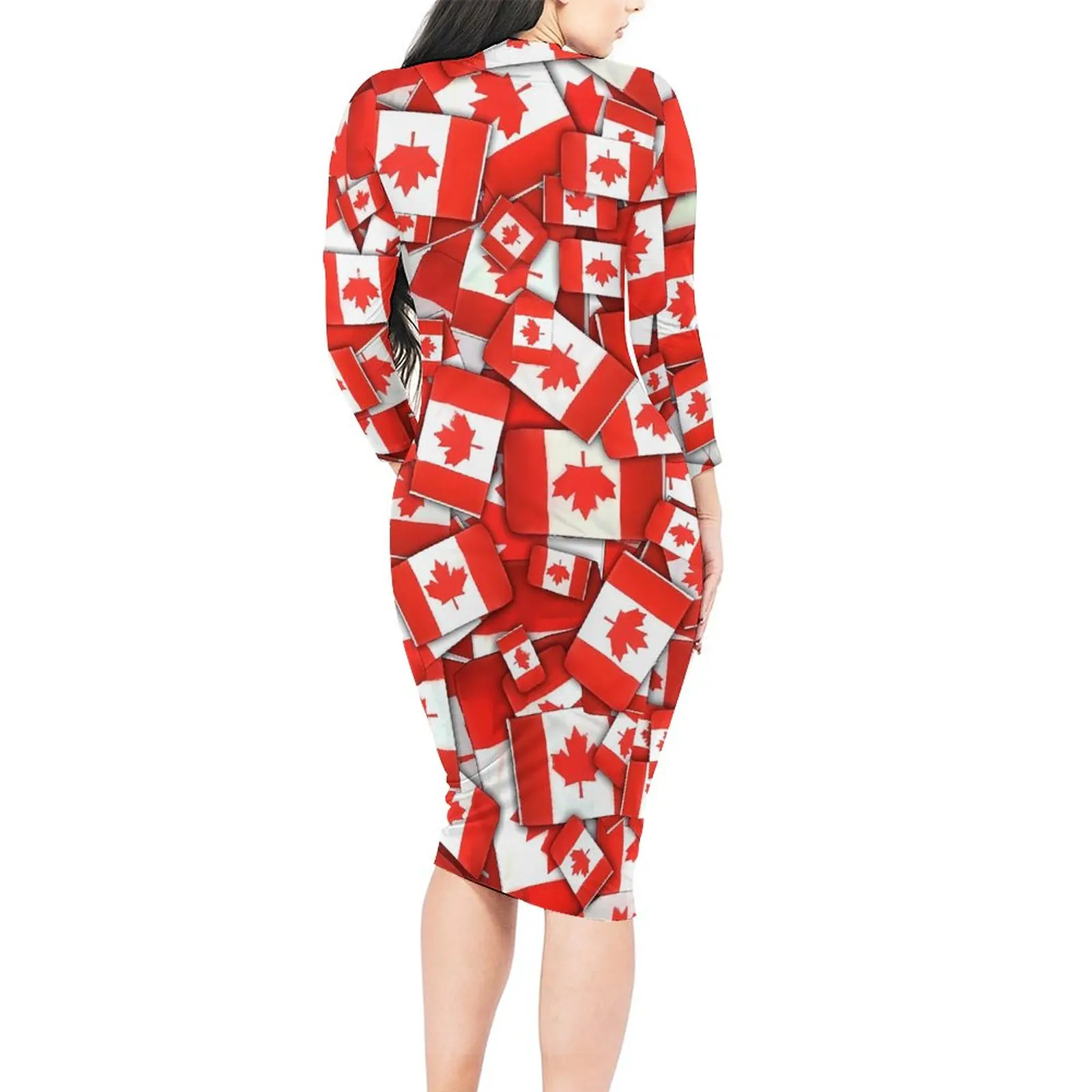 Red Leaf Dress Long Sleeve Canada Flag Cute Dresses Autumn Female Aesthetic Printed Bodycon Dress Large Size 5XL 6XL