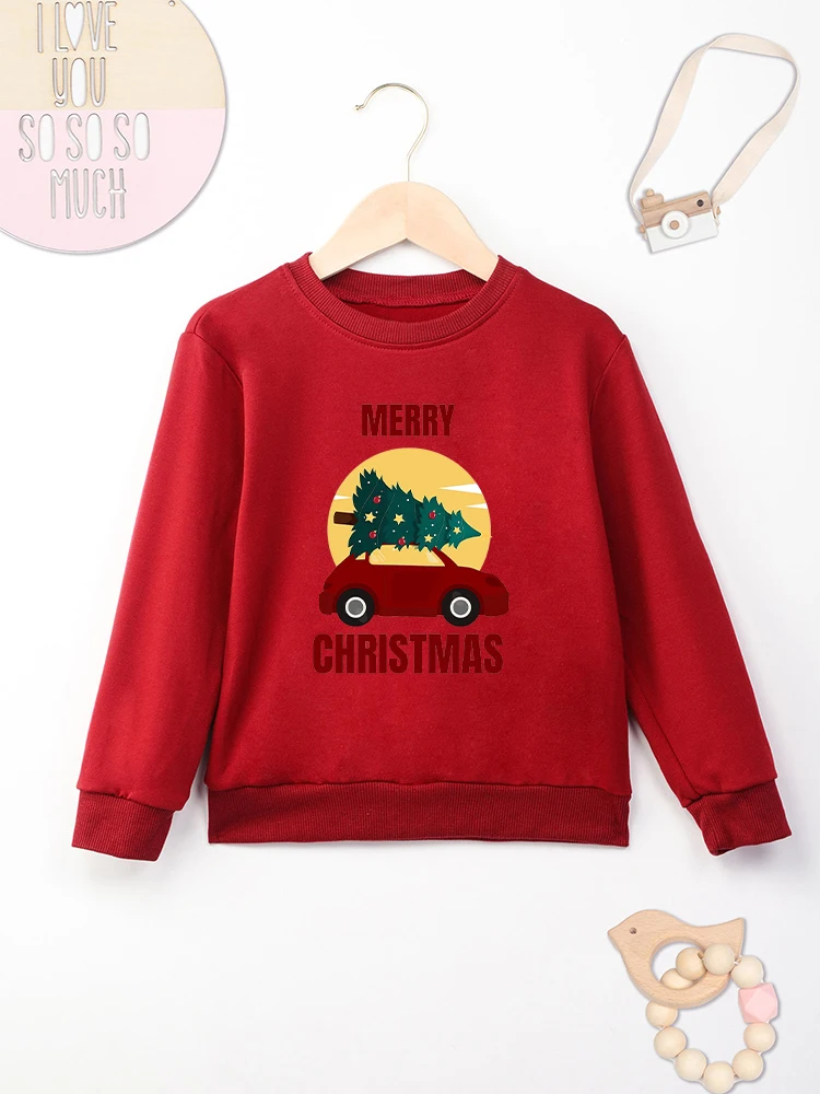 Christmas Tree and Car Print Kids Hoodies Red Festival Style Fashion Boys and Girls Clothes Aesthetic Harajuku Xmas Sweatshirt