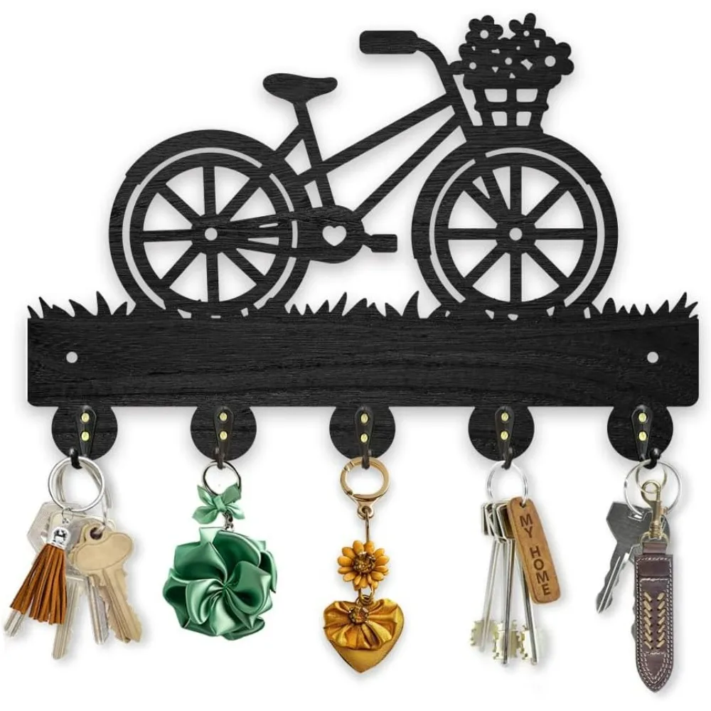 Wood Bicycle Flower Meadow Coat Hooks Grass Bike Key Holder for Wall 11.8×7.9inch Cycling Flower Basket Wall Art Decor Key