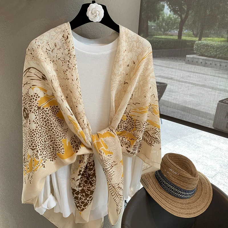 Spring and Autumn Light Linen Waist Shawl Women's Yellow Flower Printed Large Square Scarf Sunscreen Decorative Scarf
