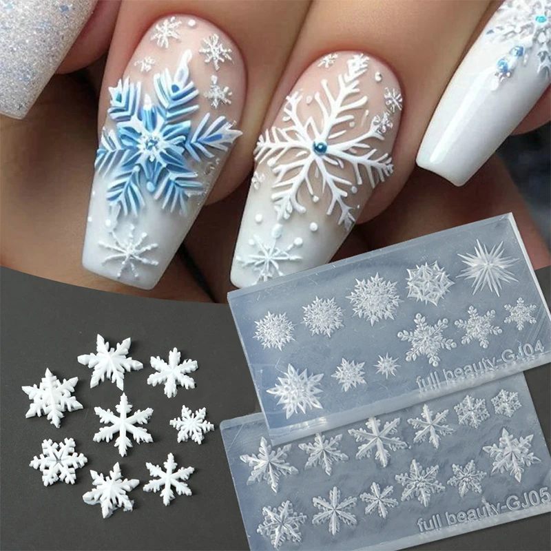 1 stücke Winter Schneeflocke Nail art Silikon Form 3D Geprägte Carving Weiche Stanzen Platte Weihnachten Wiederverwendbare DIY Gel Schablonen Werkzeug