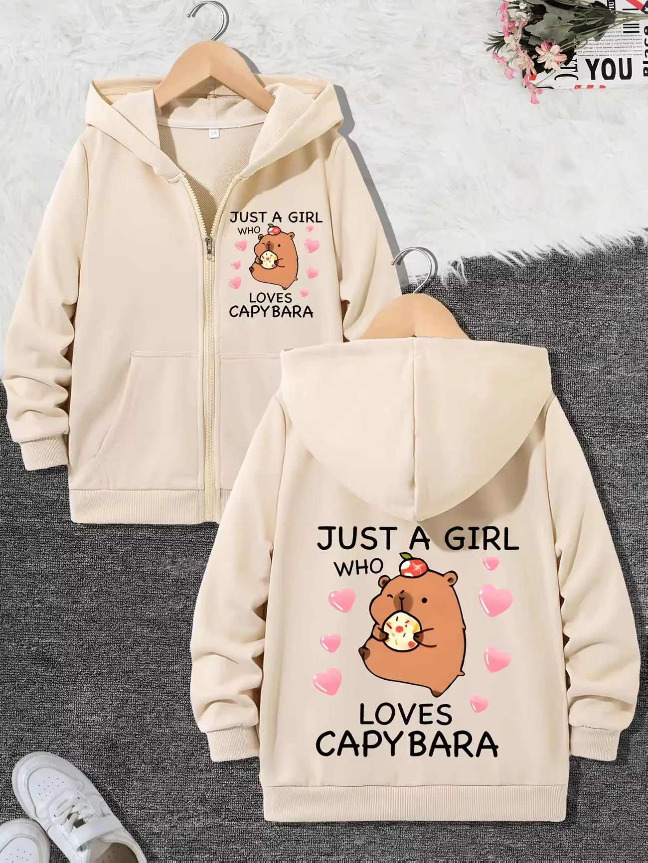Just A Girl Who Love Capybara Print Kawaii Hoodie Jacket Girls Zipper Funny Anime Cartoon Sweatshirts Zip Up Kids Winter Autumn