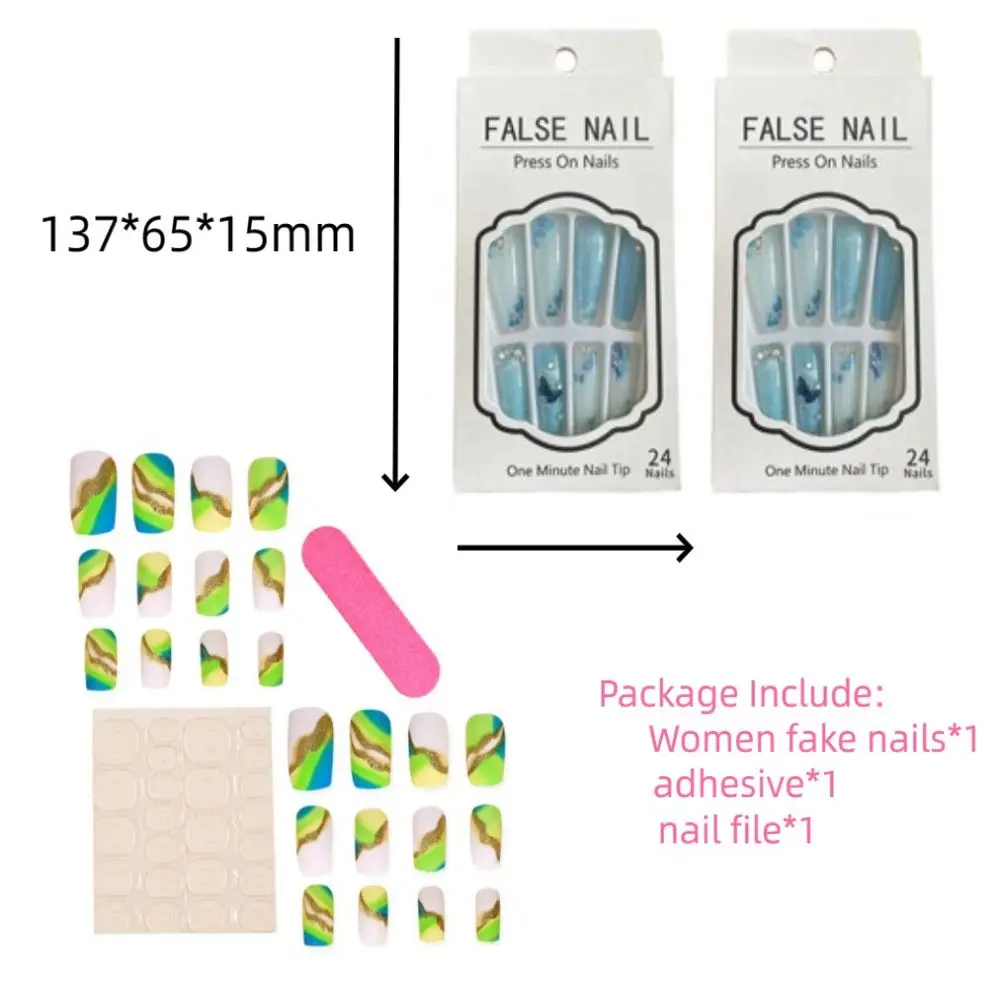 INS ABS Women Fake Nails Coloured Drawing Smudge Long False Nails Glitter Powder Reusable French Manicure Party