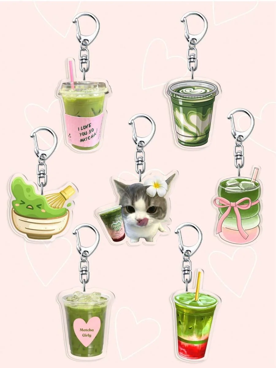 1 Piece / Pack of 7 Cute Matcha Bow Drink Keychains | Coffee Cup-Shaped Pendant, Ins-Style Cute Cat Matcha Design, Daily Bag Accessories and Holiday Gifts Highly Stylish Bag Charms, Bag Pendants, Lanyards, Key Chains, Cute Items for Girls, Car Key Pendants.