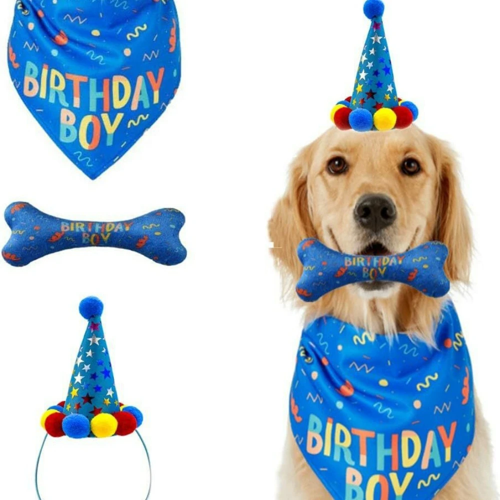 

Dog Birthday Caps with Drool Towel Birthday Hat, Dog Bone Toy Accessory, Dog Hats