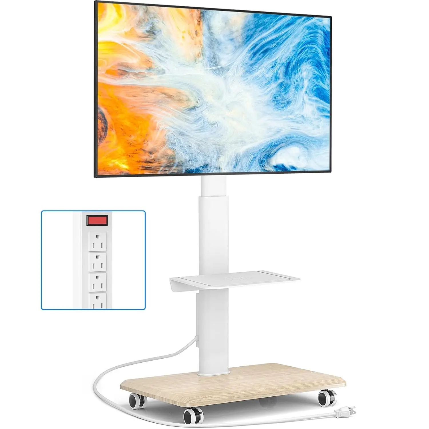Sleek Mobile TV Stand with Power Outlet, Height Adjustable Rolling Cart for 32-75 Inch TVs up to 88 lbs, White, Customized