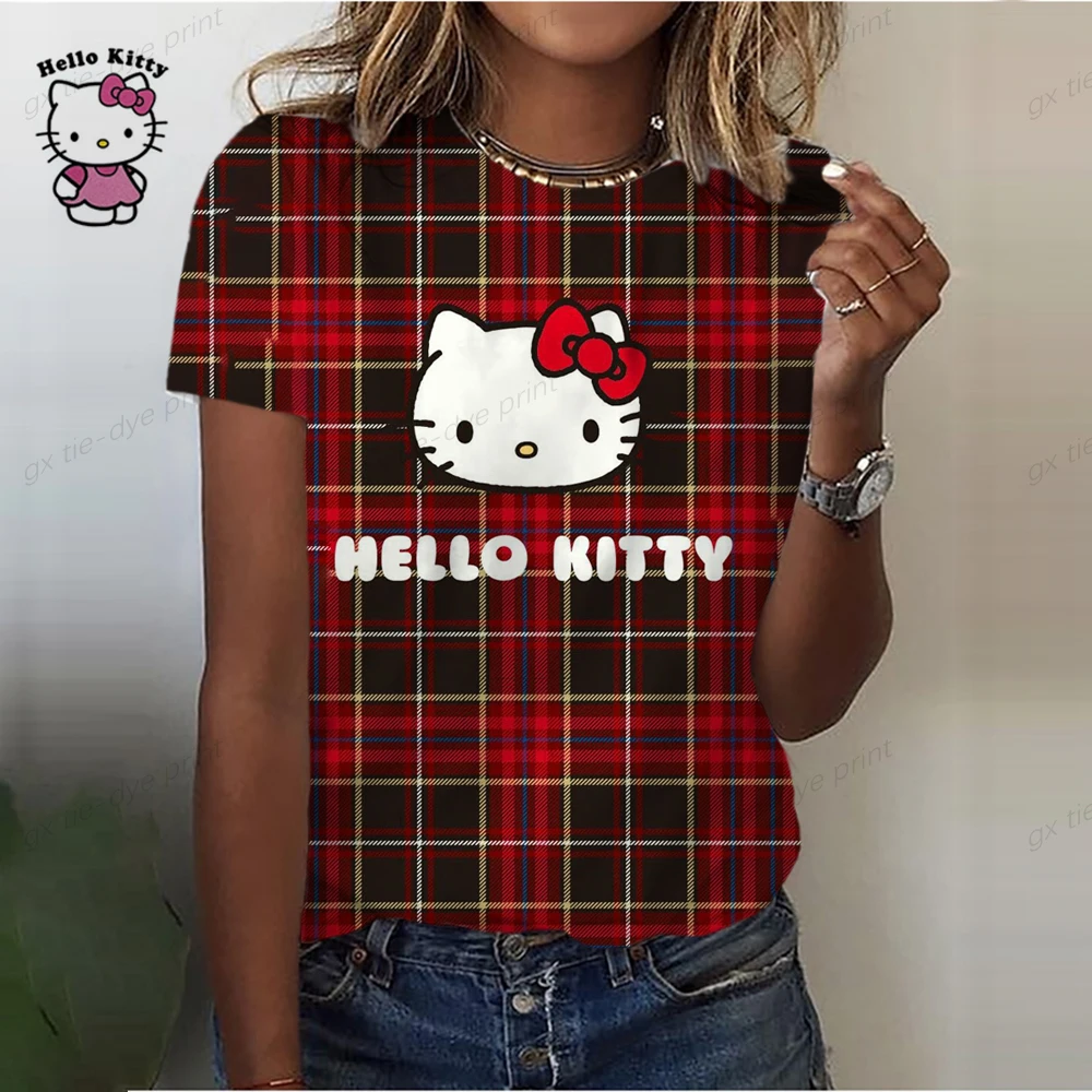 2023 New Summer Women Hello Kitty Print T Shirt Street Casual Loose T Shirts Ladies O-Neck Cartoon Print Tee Top