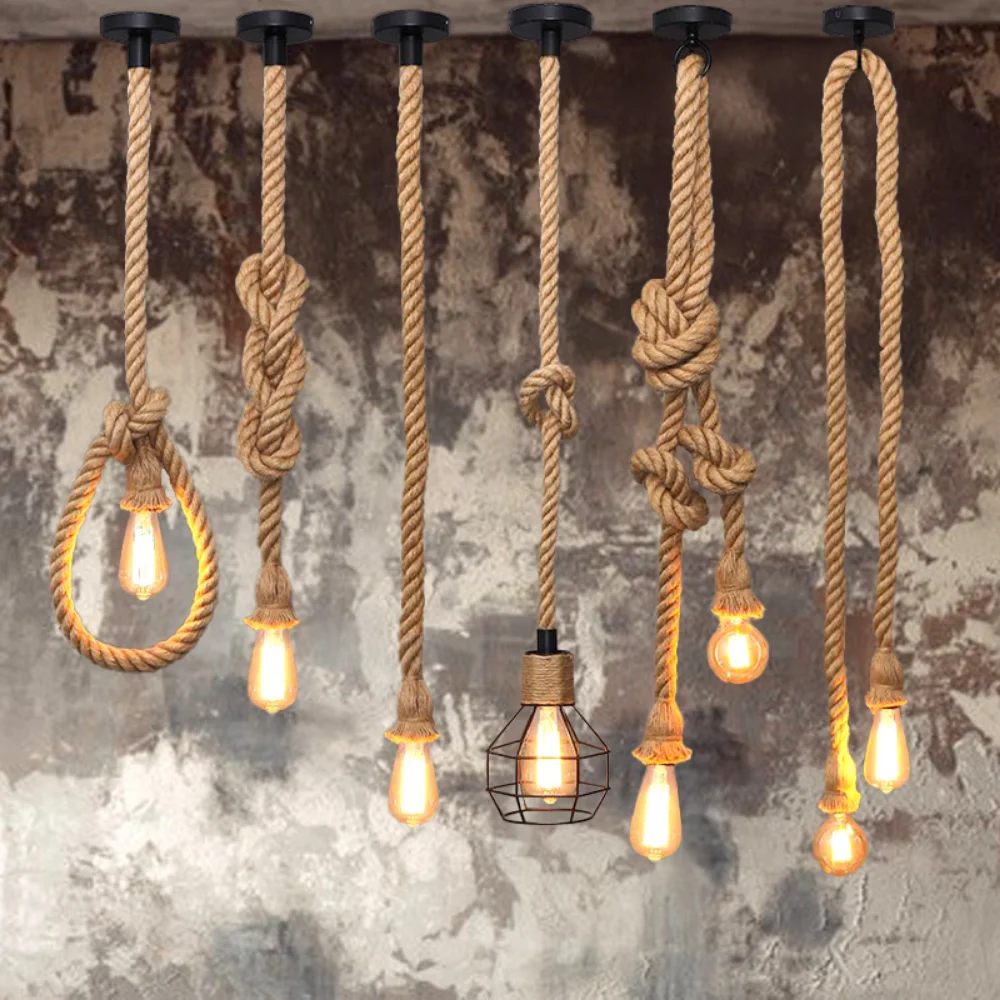 Retro Vintage Hemp Rope Pendant Light American Industrial Hanging Lamps Creative Loft Country Style Ceiling Lamps E27 Edison LED