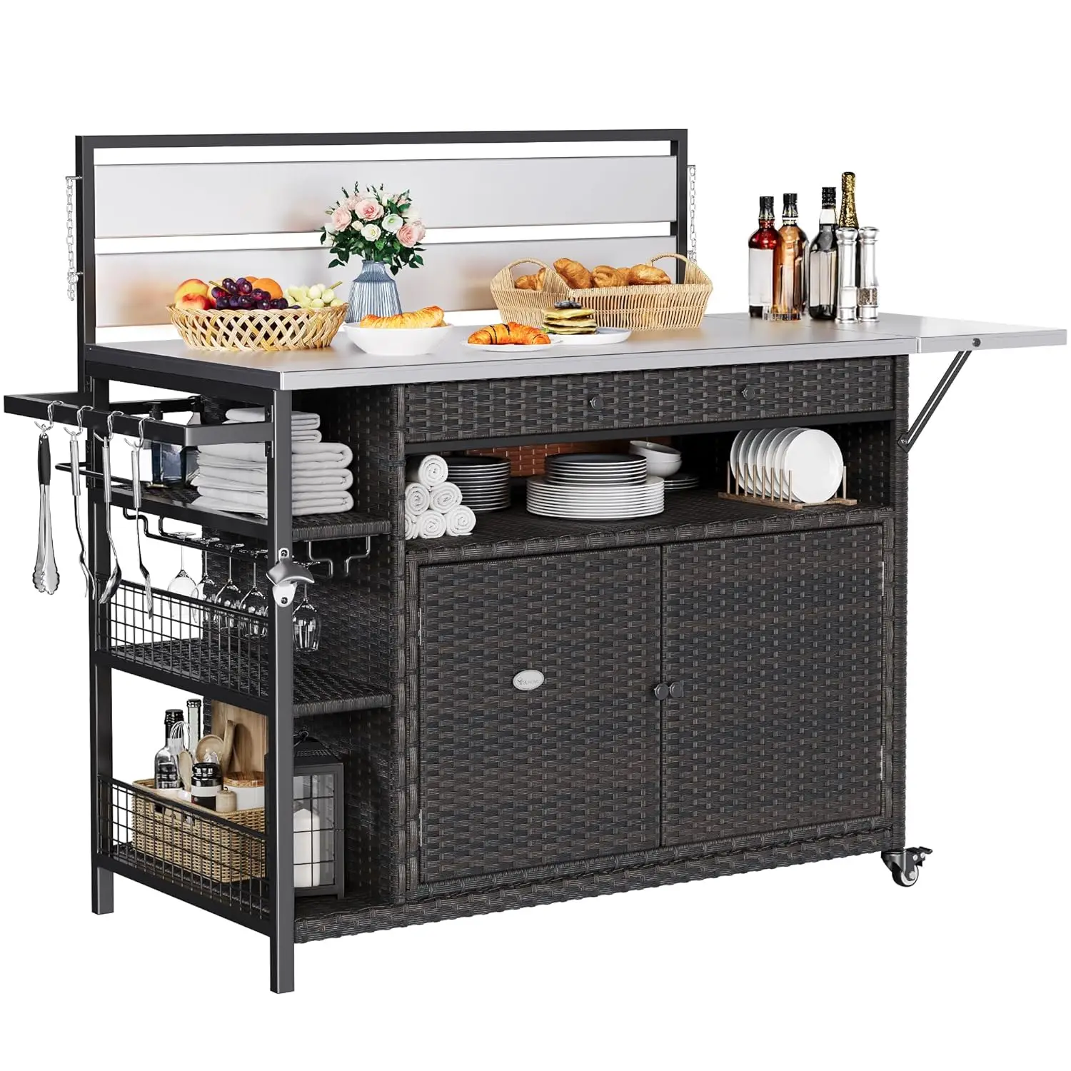 

XL Outdoor Kitchen Wicker Island Rolling Cart & Storage Cabinet, Wheels and Stainless Steel Extended Table Top, Side Handle for