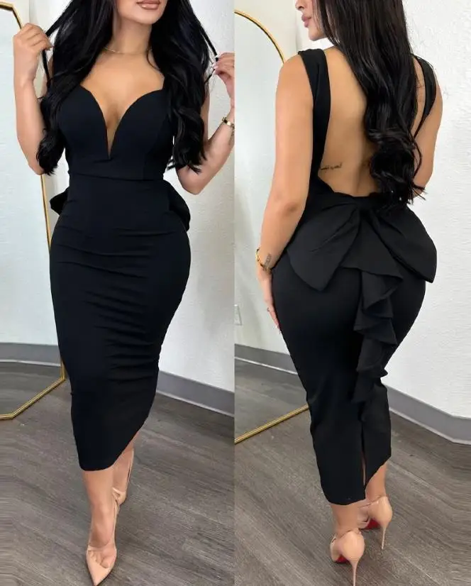 

Women's Elegant Dress 2024 Summer Latest Chic Sexy Plunge Ruffle Hem Backless Party Dress Sleeveless Skinny Mid Calf Maxi Skirt