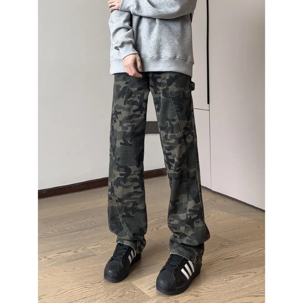 

Men's Fleece Lined Denim Pants American Camouflage High Street Cleanfit Logging Workwear Straight Leg Jeans Casual Outerwear
