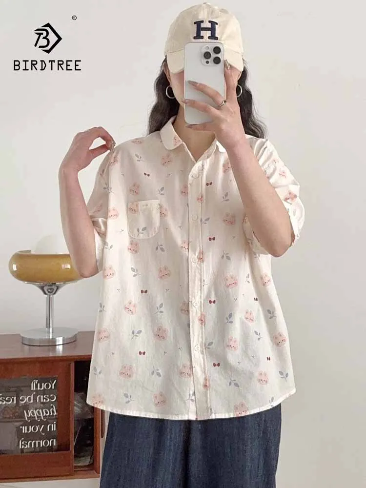 ใหม่2025ฤดูร้อนผ้าฝ้ายเสื้อแขนสั้นผู้หญิงTurn-Down Collarพิมพ์, Moriสาวหวานอายุลดเสื้อหลวมt57650CC