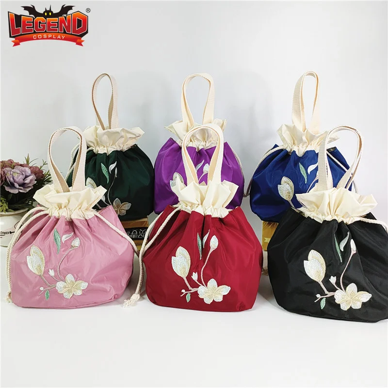 Historical Floral Embroidery Handbag Vintage Victorian Bag Lady Edwardian Drawstring Bucket Bag Coin Purses Tea Party Gown Bag