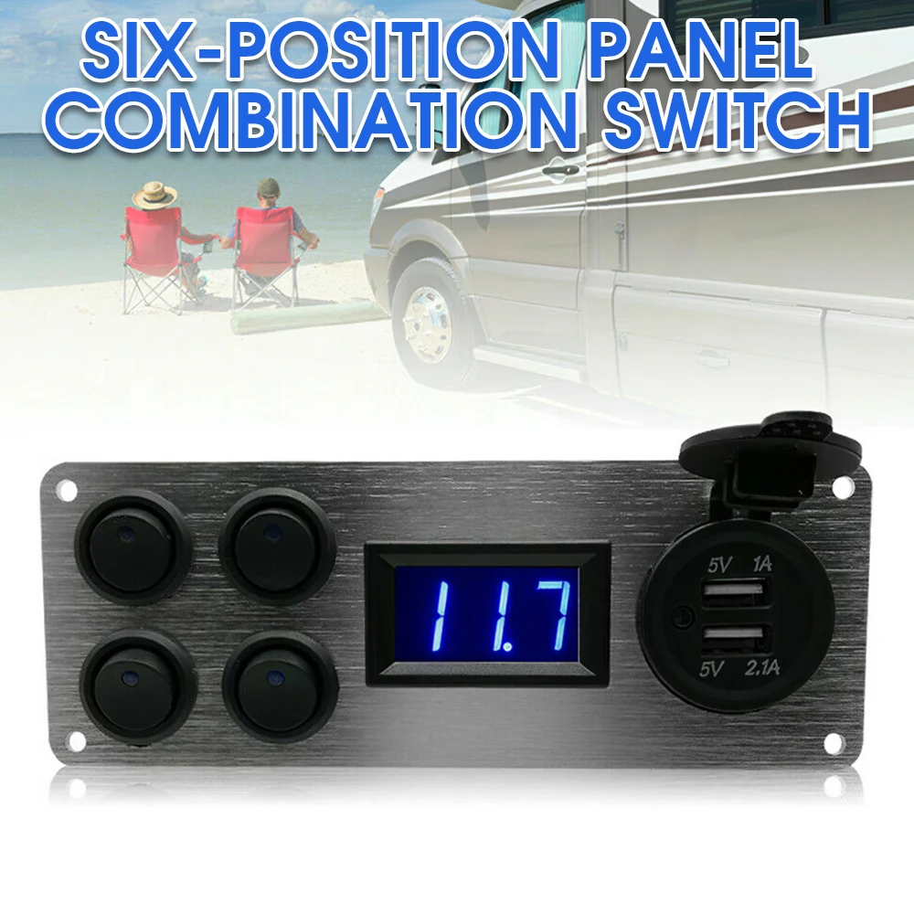 Universal 12V-24V Switch Panel Boat Campervan RV Camper 4 LED Rocker  Switch Panel Dual USB Charger Blue LED Voltmeter Gauge New