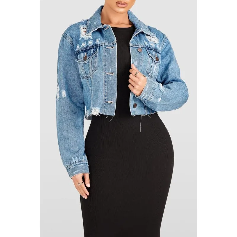 

Новая женская укороченная джинсовая куртка 2026 года с эффектом потертости, рваным подолом, длинными рукавами и воротником, в уличном стиле