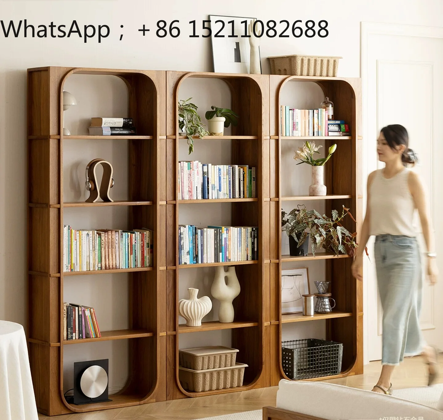 LLY solid wood bookcase vintage style living room floor-standing storage rack, open combination bookshelf study storage cabinet