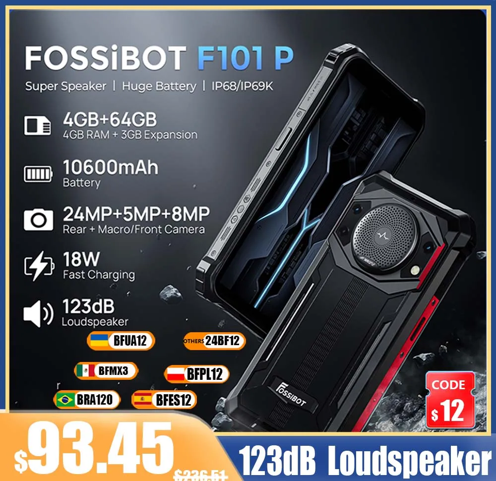 مكبر صوت كبير FOSSIBOT ، شاشة قطرة ماء ، IP68 مقاوم للماء ، F101P ، بطارية 1500 mAh ، ذاكرة رام 4 جيجابايت ، ذاكرة 64 جيجابايت ، 24 ميجا بكسل ، عالية الدقة +