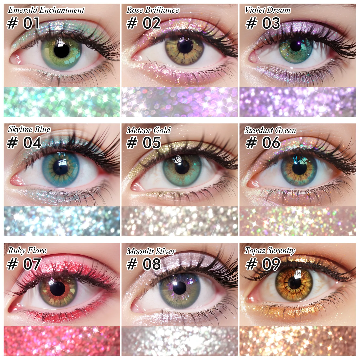 CHARMACY 3pc/set Glitter Liquid Eyeliner Waterproof Long Lasting Shiny High Gloss Eyeliner Pen Set Brighten Eye Makeup Cosmetic