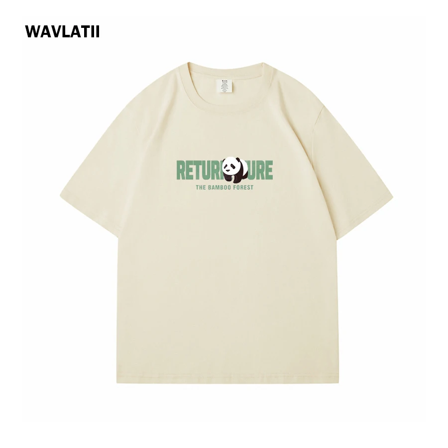 WAVLATII Women New Short Sleeve T shirts Female Beige Casual Panda Printing Tees Lady 100% Cotton Fashion Summer Tops WT2505