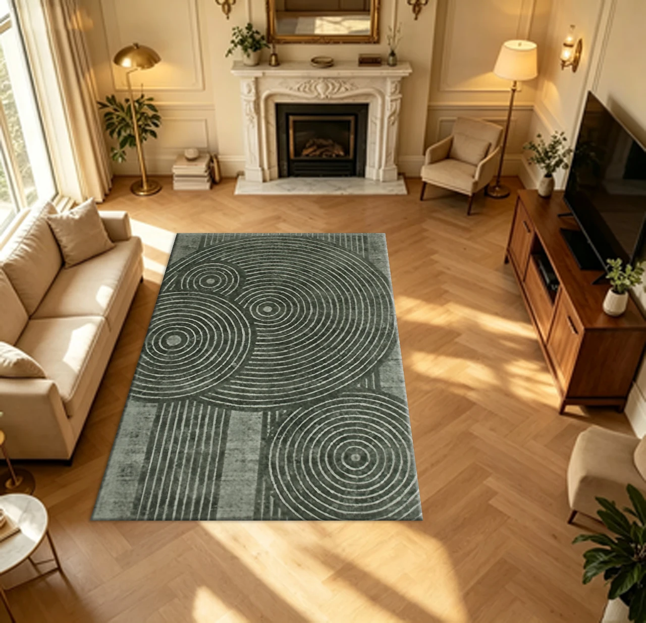 Dark Green Concentric Circle Geometric Carpet Flooring Retro Textured Large Area Rug for Living Space Home Decoration