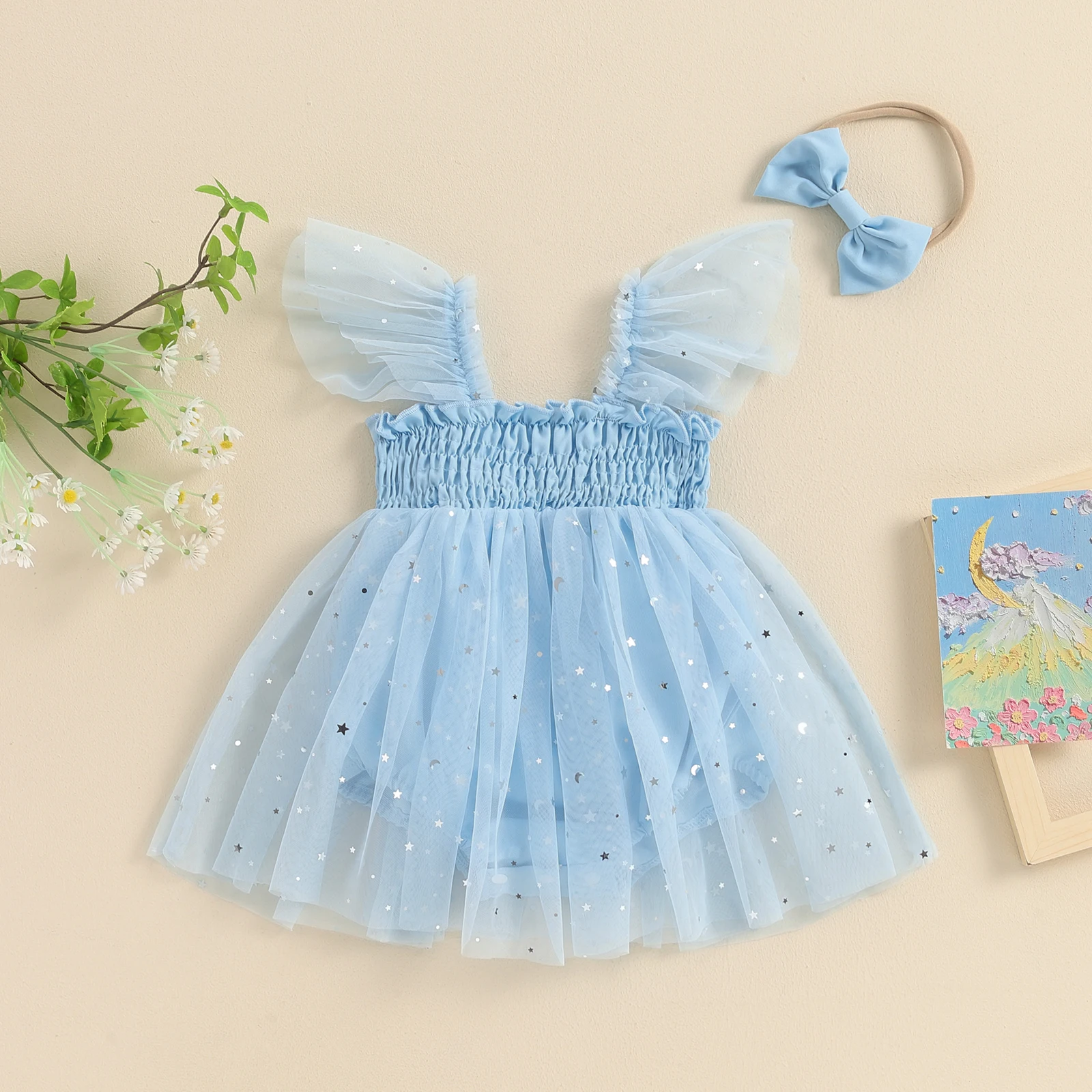 

0-18M Princess Newborn Baby Girls Rompers Dress Lace Mesh Ruffles Sequins Jumpsuits Tulle Dress Headband Birthday Party Outfits