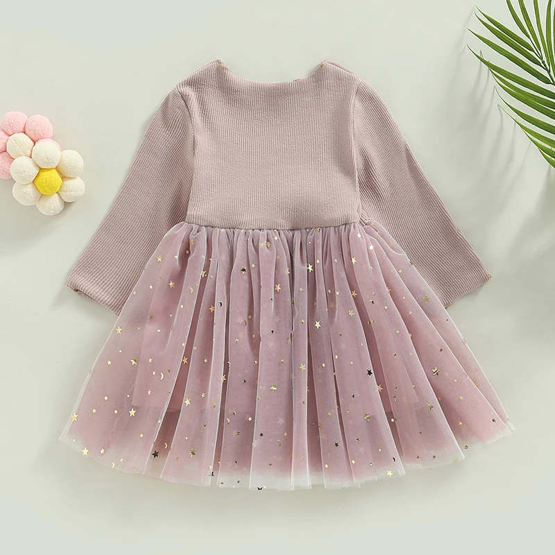 Toddler Kids Girls Dress Crew Neck Long Sleeve Sequins Stars Moon Pattern Layered Tulle Tutu Dress Autumn Princess Casual Dress