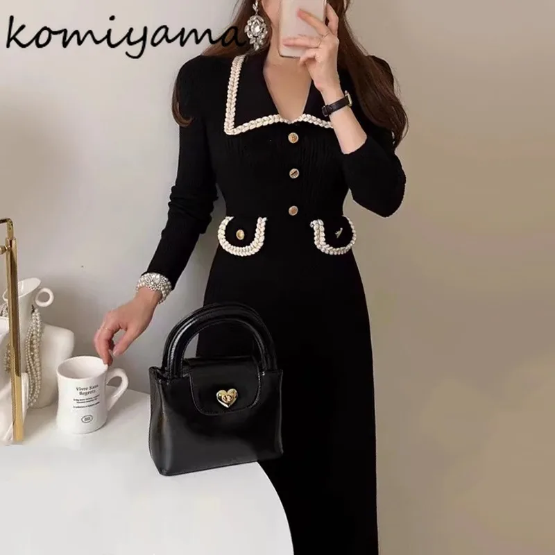 Contrast High Waist Vestidos Mujer Small Fragrance Women Dresses Korean Knitted Dress Long Sleeve Vestido 2024 Button Robes