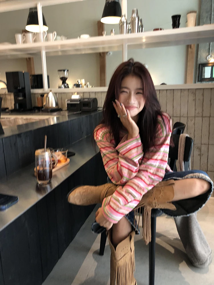 فضفاضة تناسب طويلة Sve جولة Ne تي شيرت مخطط المرأة الخريف عارضة تنوعا أعلى مريحة فضفاضة Sle Faionable