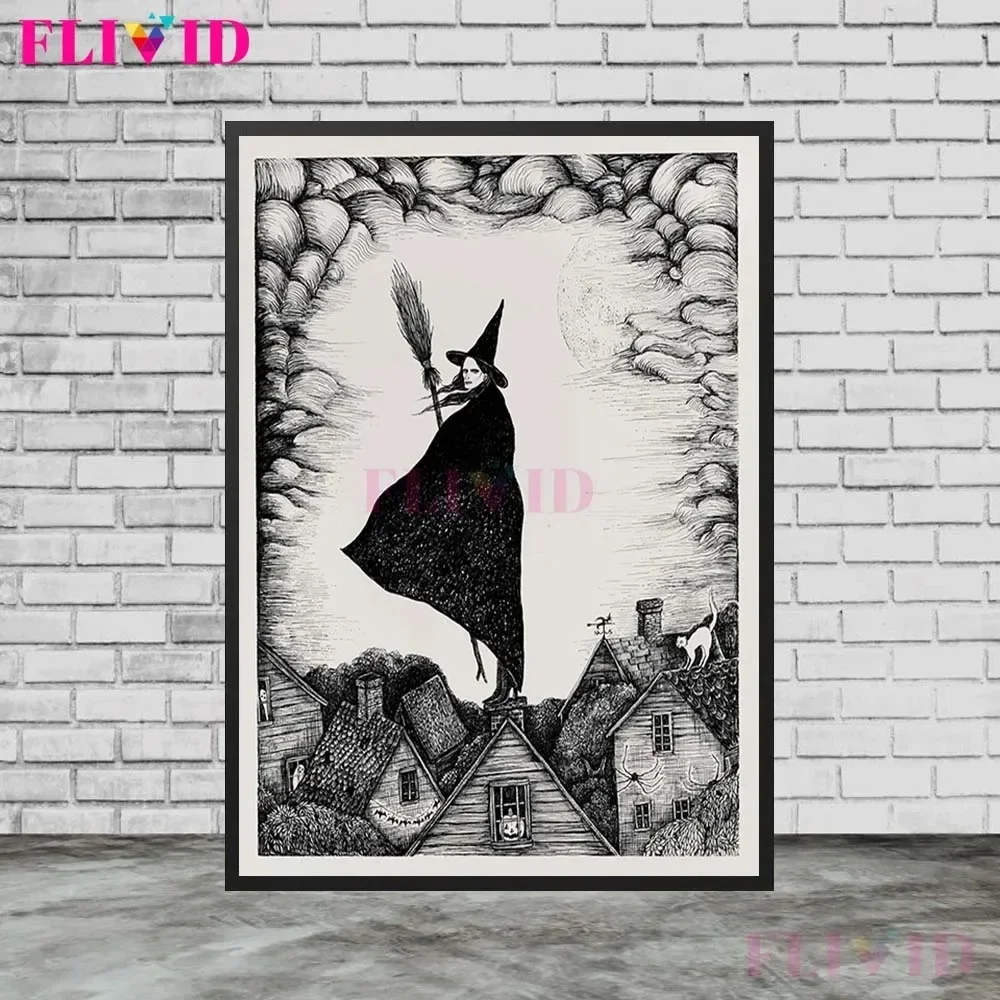 قماش اللوحة الساحرة الوثنية ، فتاة الخفافيش ، القمر الكاهن ، خمر جدار الفن السحر الشعبي التوضيح الفن ، المشارك والطباعة ديكور المنزل #4