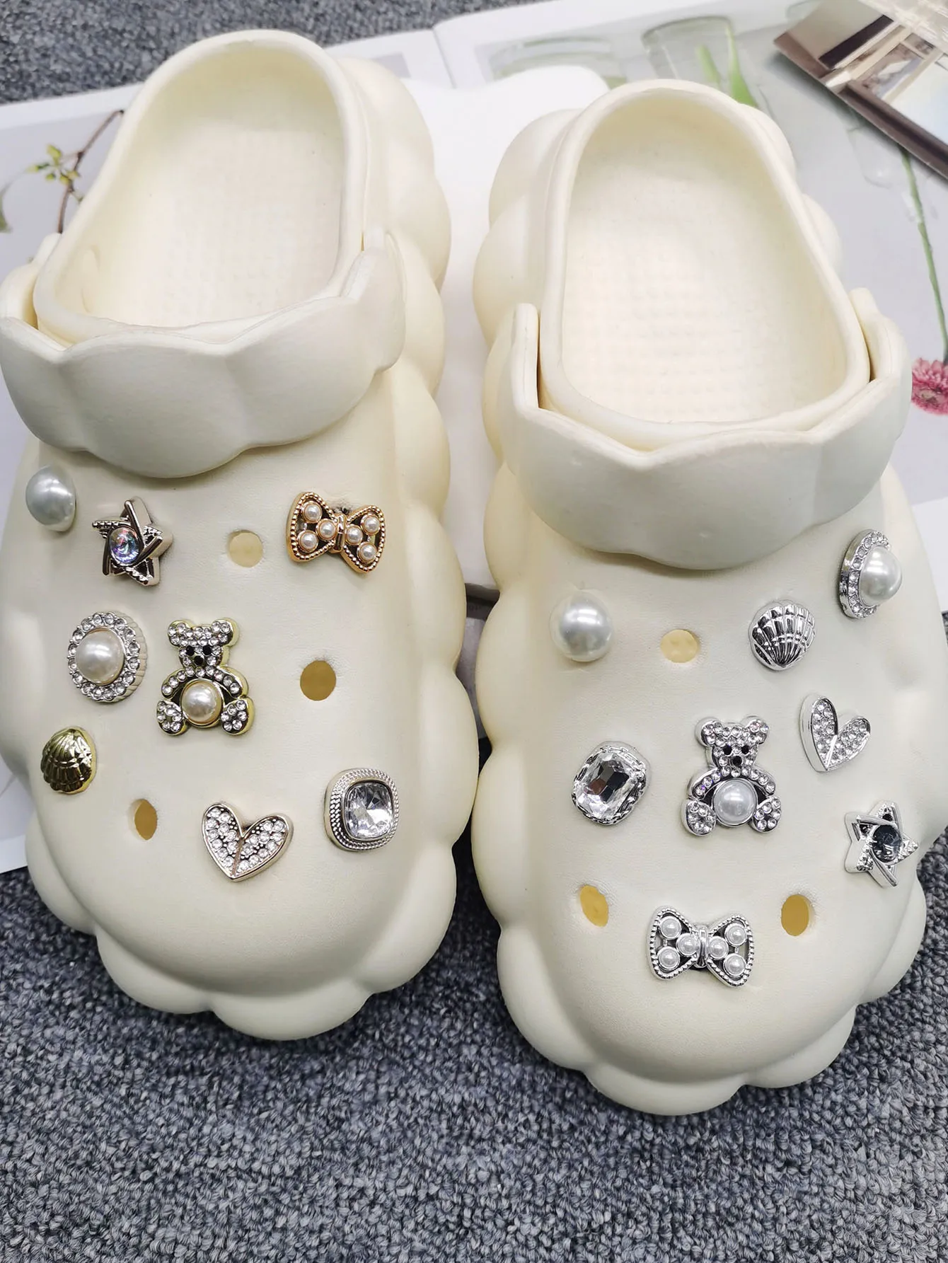 16-teiliges Set Harz-Bären-Schuhcharms Zubehör Herzförmige Schuh-Clips für Clogs DIY-Dekorationen Künstliche Perlen Schleifen-Schuhclips – Detail 2