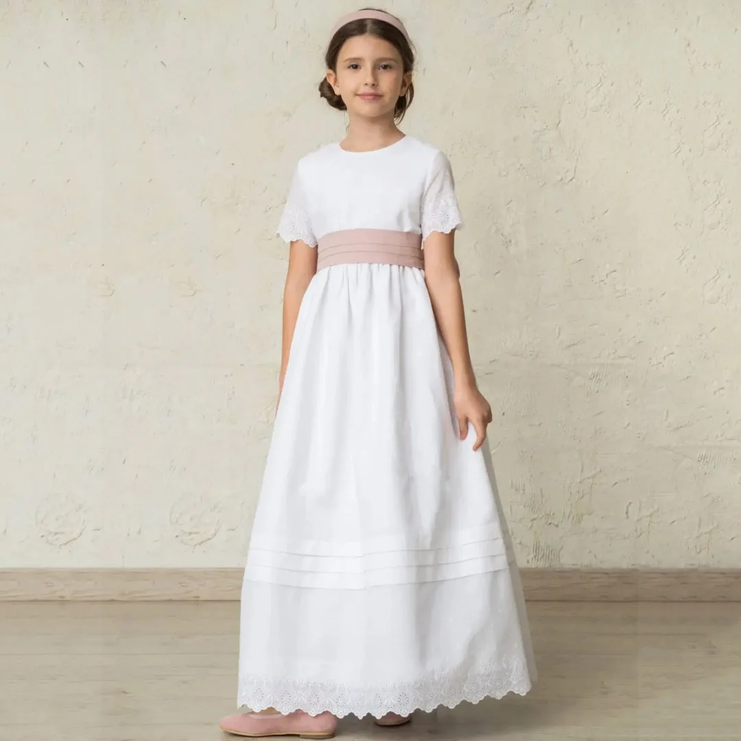 Customized Flower Girl Dress White Appliques With Pink Bow Ribbon Short Sleeve For Wedding Birthday Party Banquet Princess Gown