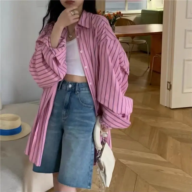 

Shpmishal 2024 New Pink Contrast Striped Shirt Women's Summer New Loose Casual Versatile Sunscreen Shirt Top Female Clothing