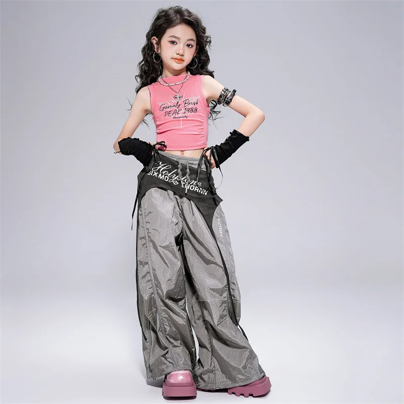 Ubrania Hip Hop dla Dziewczynek Dziecięce Kostiumy Jazzowe Street Dance Różowe Bezrękawniki Szare Spodnie Casualowe dla Dzieci Strój na Występ
